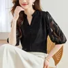 Blouses pour femmes Qoerlin V Neck Half Sleeve Boutons Loose Tops Shirts Black Corée Fashion Elegant Casual Blouse Lace Summer Works Works