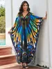 Bohemian Multicolor Print Long Sleeve Loose Kaftans Dress for Women Summer Autumn Sexy V Neck Maxi Dresses Q1588 240514