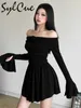 Casual Dresses Sylcue Elegant Mature Beautiful Black Mysterious Sexy Gentle Women's Short Shoulder A-Line Pleated Dress