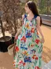 Casual klänningar kvinnor semester strandklänning sommar lös o-hals snörning mode söt blommig tryck bohemia lång h-line frock