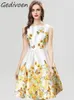 Casual Dresses Gedivoen Autumn Fashion Designer Elegant Floral Print Tank Dress Women O Neck Diamond Beading Sequins High Waist Slim Midi