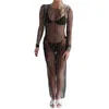 Femmes Robe perle brillante Sexy Mesh Pearl Rhingestone Bikini Cover Up Fishnet Bathing Issue Coptips