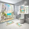 Shower Curtains Waterfall Forest Scenery Curtain Set Non-Slip Rug Toilet Cover Bath Mat Bamboo Mountain Plants Floral Bathroom