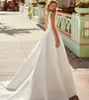 Vintage lång veckade satinbröllopsklänningar med fickor a-line elfenben v-hals ärmlös veckad spetsar uppåt vestido de novia brudklänningar för kvinnor