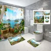 Shower Curtains Waterfall Forest Scenery Curtain Set Non-Slip Rug Toilet Cover Bath Mat Bamboo Mountain Plants Floral Bathroom