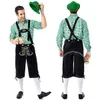 Traditional German Beer Bavarian Men's Oktoberfest Costume 3 Piece Plaid Shirt & Brown Overalls Cap