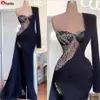 NEW Black Mermaid Evening Dresses Single One Shoulder Long Sleeves 2022 Illusion Beading Prom Gowns High Slit Crystal Formal Lady Party 302f