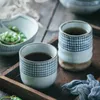 Tee Tassen Japanische Stil Keramik Suppe Tasse Grobkoare Töpferei handbemalte Gittermuster Teetassen kreativ Retro Wine Office Getränkware