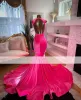 Robes de bal de diamant rose hot rose pour filles noires Velvet perles de fête robes de soirée sirène vestime de gala BC18659