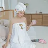 Towel Coral Fleece Embroidered Bath Skirt Shower Cap Set Thickened Absorbent Wearable Tube Top Dry Hair Women Robe