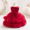 Платья девочки, девочка, новогодние платье, сетчатое пушистое кружевное платье принцесса, новорожденное платье для стирки, подходящее для первой формальной рождественской одежды y240514
