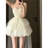 Womens off shoulder tube top sleeveless princess style gauze lace ball gown dress sexy party birthday vestidos SML