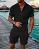 2024 Mens Polo Suit Fashion Men Sets Solid Summer V-neck Zipper Short Sleeve POLO ShirtShorts Two Pieces Men Casual Suit 240514