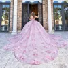 Różowa księżniczka Quinceanera sukienki piłkarskie z ramion 3D kwiatowe koraliki kryształ tull 16 sukienek 15 anos meksykański