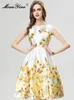 Casual Dresses MoaaYina Autumn Fashion Designer Elegant Floral Print Tank Dress Women O Neck Diamond Beading Sequins High Waist Slim Midi