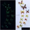 Autocollants muraux 12pcs Luminal 3D Butterfly Home Decor Fashion Glow for Chadow Living Colorf Butterflies Decoration Drop Livrot Dhpdt