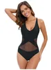 Women's Swimwear Sexy Cut Out One Piece Swimsuit Women Solid Black Mesh Patchwork Surfing Backless Monokini High Neck Bathing Suit Mujer