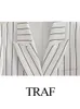 Traf Women Fashion Autumn Caats Black e White Stripe Plus Size Double Double Office Lady Blazers Casual Jackets Loose Street 240513