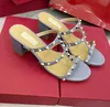 Women Leather Stud Sandals T-strap Shoes Summer 6cm High Heels Rivets Shoe Ladies Sexy Party with Dust Bag 35-44 and box