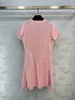 French Dress Designer Robe, Pink paljett liten doftande stil kortärmad stickad klänning, midjeband kort kjol, kvinnokläder