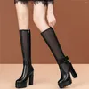 Boots Thigh High Platform Pumps Shoes Women Genuine Leather Heel Knee Female Round Toe Gladiator Sandals Casual