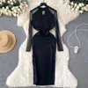 Casual Dresses Foamlina Elegant Women Black Spring Autumn Dress Sexy Transparent Mesh Long Sleeve Slim Bodycon Side Split Midi Party Robe