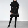 Ny design kvinnor stativ krage singel bröst svart färg poncho mantel stil lång flare hyls