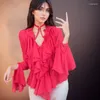 Women's Blouses 2024 Mesh Tie Up Crop Tops Women Long Flare Sleeve V Neck Ruffle and Blouse Summer Zie door sexy casual shirts vrouw