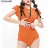Frauen Badebekleidung Vigoanne 2024 Solid Short Sleeve Women Push Up One Piece Badeanzug Koreanisch geschlossen Monokini Rückenloser Hohlbadeanzug