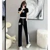 Women's Two Piece Pants Casual Sports Suit 2024 Summer Fashion Street Bombing Style Short Sleeve Corp Top And Wide Leg 2 Set