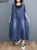 Casual Dresses 2024 Summer Vintage Woman Dress Vestidos Robe Elbise Loose Plus Size Blue Sleeveless Denim Long Long