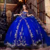 Abiti da quinceanera brillanti blu royal 2024 Appliques in pizzo con paillettes in rilievo Tull Sweet 16 vestito da ballo Vestidos de 15 Anos