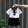 Clothing Sets 2-10Y Brothers sisters Summer Navy Collar Boys and Girls Clothing Set Short Sleeve Girls Prep Dress Family Matching Clothing d240514