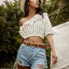 Kvinnors polos 2024 Summer Shoulder Short Crop Peplum Polka Dot Print Top Woman Pullovers Lapel White Shirt