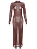 Robes décontractées Sexy Femmes See-Trou-Through Rimestones Mesh Robe Long Night Club Tifit Fashion 2024 Winter Bodycon Conmid Hollow Out Party Brown
