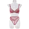 Bras Sets Wine Red Lingerie Ensemble sexy à la broderie transparente Femmes Transparent Panty 2 Pieces Mesh Tenue érotique