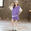 女の子の夏のゆるい薄い換気2pcs半袖ティパンツスーツ韓国スタイル