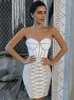 Casual Dresses Women Luxury Sexy Strapless Backless Crystal Sparkly Beige Mini Bodycon Bandage Dress Elegant Evening Club Party