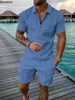 2024 Mens Polo Suit Fashion Men Sets Solid Summer V-neck Zipper Short Sleeve POLO ShirtShorts Two Pieces Men Casual Suit 240514