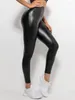 Женские леггинсы Bulift Pu Кожаные брюки с высоким талией упругое сплошное цвет блестящий черный сексуальный плотный