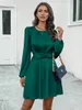 Casual Dresses Women's Spring and Autumn Dress Elegant Solid Long Sleeve Bubble O-Neck Beautiful Office Lady Vestidos Fashion