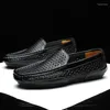 Casual Shoes Summer Men Genuine Leather Mens Loafers Moccasins Italian Breathable Slip On Boat Black JKPUDUN