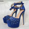 Sukeia New Women Summer Platform Sandals Sexy Rivets Stiletto Heels Peep Toe Beautiful Blue Dress Shoes سيدات بالإضافة إلى حجمنا 5-20