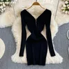 Casual Dresses Sexy Long Sleeve Fall Black Sweater Dress Women's V-neck Backless Waist Tight Knit Elastic Bodycon Knitted Autumn