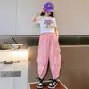 Vêtements Ensembles d'été Girls Coton Cropped Alphabet T-shirt Tops Tops Pant de travail Contraste Écoliers Enfants 2pcs Tracksuit Children Tenues de 5 à 16 ans