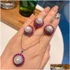 Charm Charms 12Mm White Color Pearl Ruby Gemstone Pendant Necklace Ring Earrings For Women Wedding Jewelry Sets Ladies Gift Statement Dh2Lp