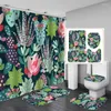 Shower Curtains 4pcs Tropical Plant Leaf Waterproof Curtain Cactus Anti-Slip Pad Soft U-Shaped Toilet Mat Cover Home Decor