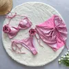 Abito da due pezzi rosa 3 bikini set da donna da donna in fiore reggiseno imbottito e costumi da bagno perizoma con gonna sexy costume da bagno a metà sexy brasiliano 2024 Q240511