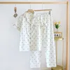 Home Clothing Summer Damen Set Cotton Crepe Kurzarm Shirt Hosen zweiteilige dünne Blumen -Hauswear -Nachtwege Pyjama
