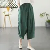 Summer Comfortable Flax Casual Bloomers Ladies Loose Solid Womens Clothing Simplicity Pocket Elastic Waist Calf-Length Pants 240514